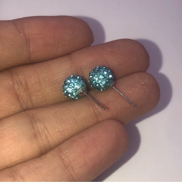 STERLING Silver Blue Crystal Sparkle Ball Stud Earrings 7mm - Picture 7 of 8